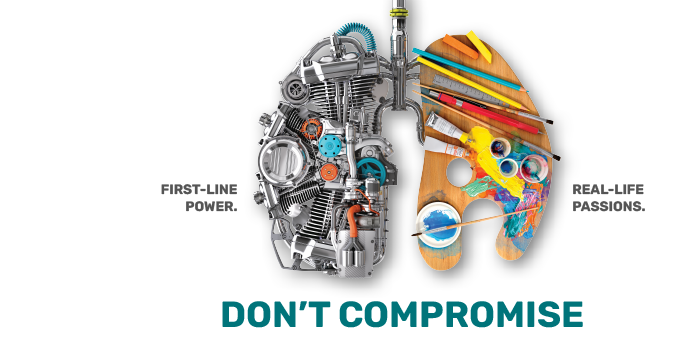 Lungs made up of hobbies and images of power. Firstline power. Reallife passions. Don't compromise.