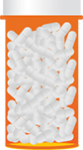 Large orange pill bottle filled with white pills.