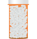 Orange pill bottle with a large number of white pills inside.
